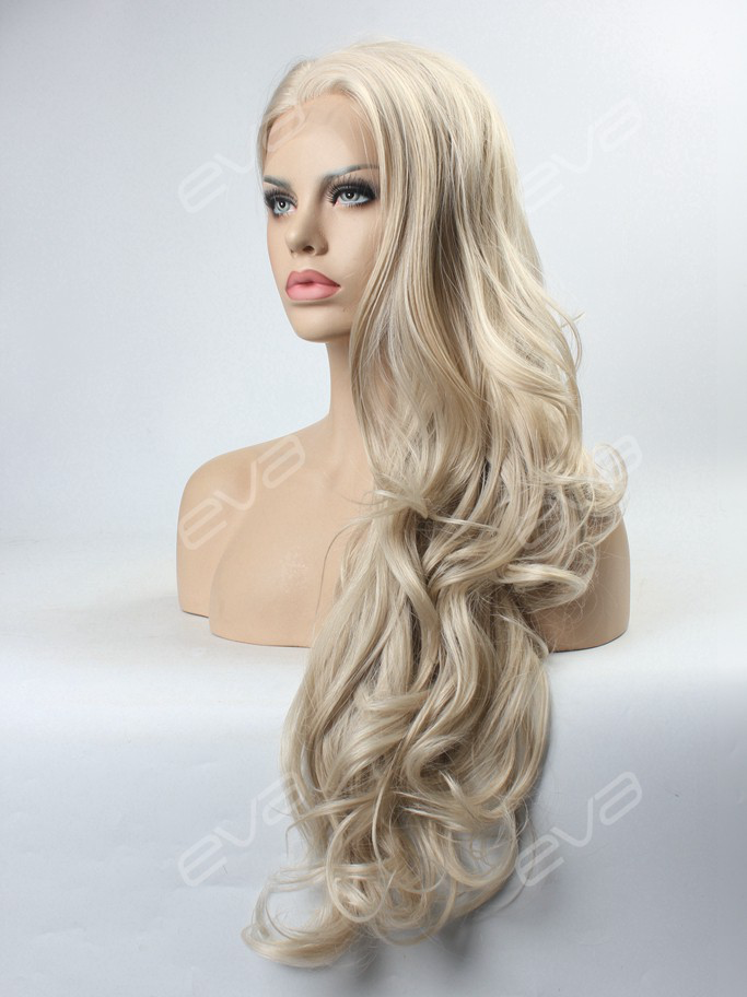 Vintage Grayish Blonde Long Wavy Synthetic Lace Front Wig