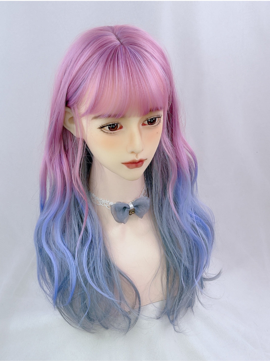 2022 New Style Purple to Blue Ombre Long Wavy Synthetic Wig with Bangs