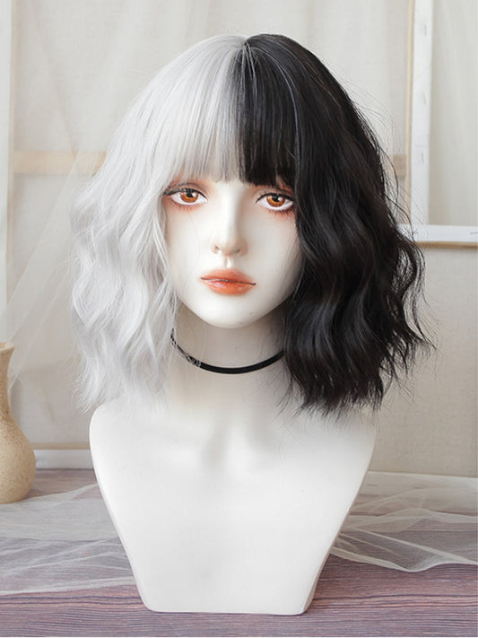 2022 New Style Half Black And Half White Shoulder Length Wavy Synthetic Wig With Bangs