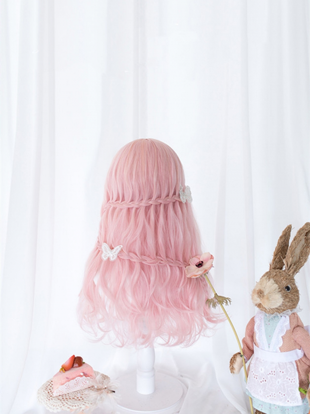 2021 New Style Cherry Blossom Pink Long Wavy Synthetic Wig With Bangs