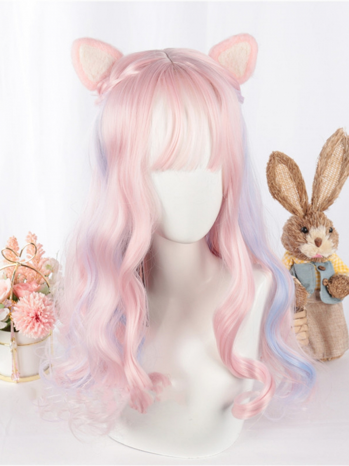 Pink Mixed Color Long Wavy Synthetic Wig With Bangs