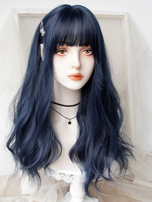 2022 New Style Dark Blue Long Wavy Synthetic Wig with Bangs
