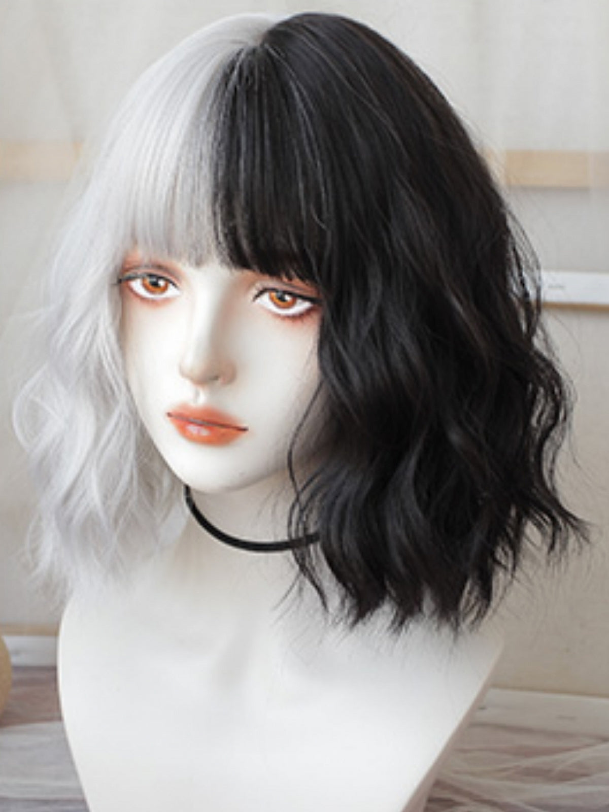 2022 New Style Half Black And Half White Shoulder Length Wavy Synthetic Wig With Bangs