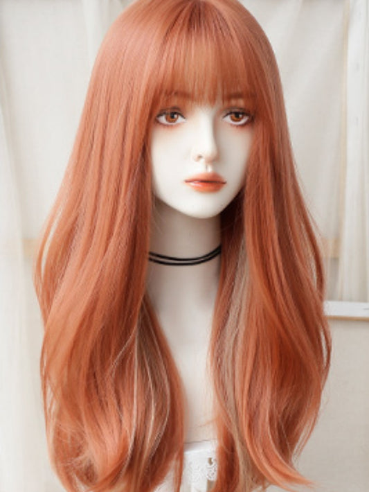 2022 New Style Orange and Golden Mixed Color Long Wavy Synthetic Wig with Bangs