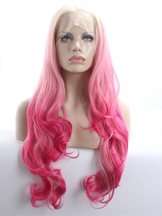 Flamingo Pink Synthetic Lace Front Wig With Blonde Hair Root