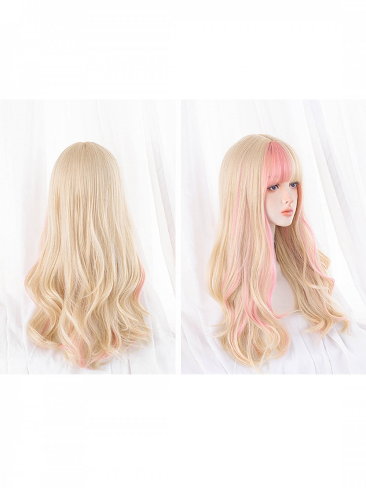 2021 New Style Blonde And Pink Mixed Color Long Wavy Synthetic Wig With Bangs