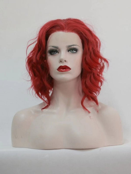 Triangled Cut Red Wavy Bob Lace Front Synthetic Wig