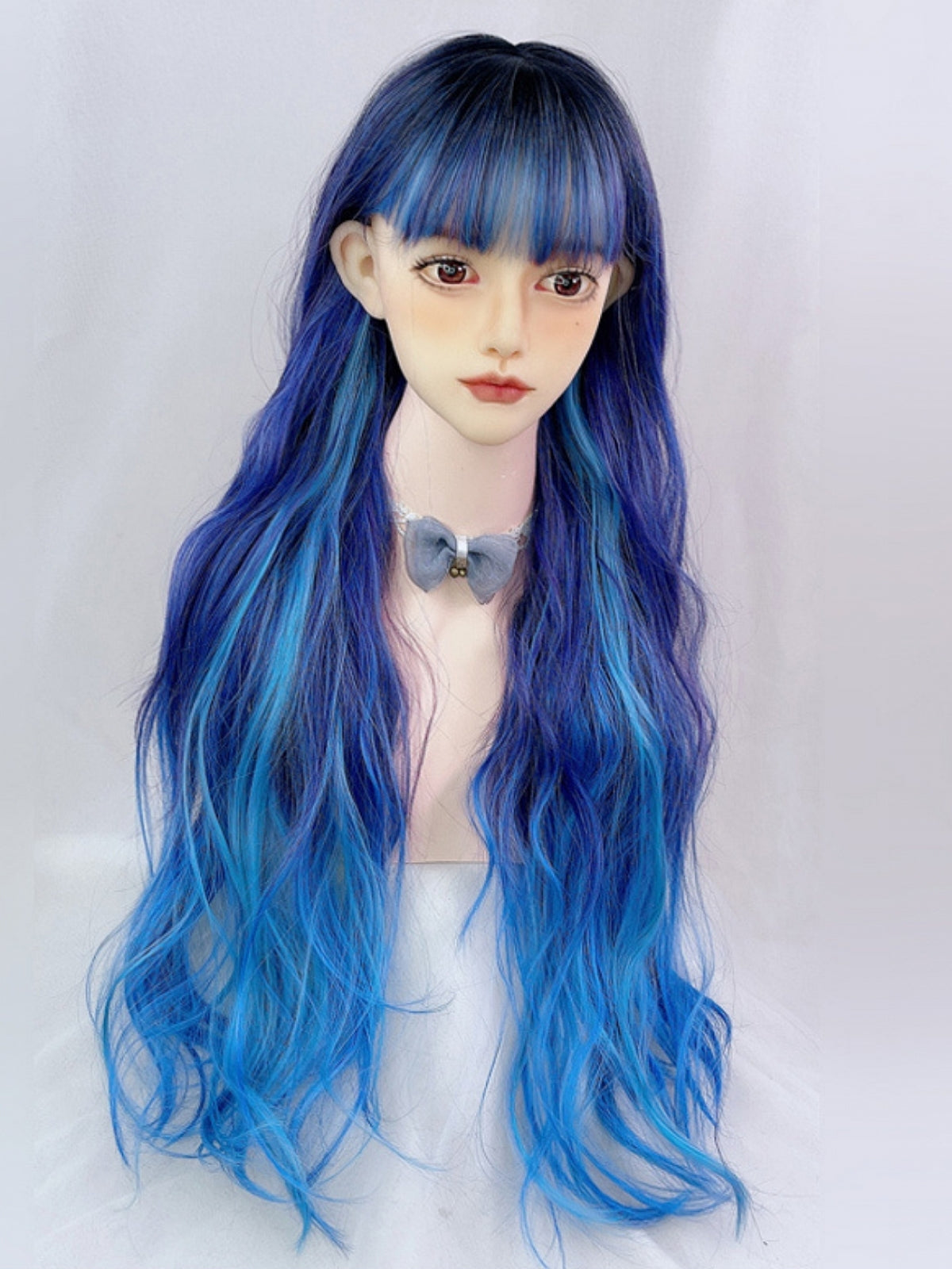 2022 Special Offer Limited Blue and Purple Mixed Color Long Wavy Synthetic Wig with Bangs