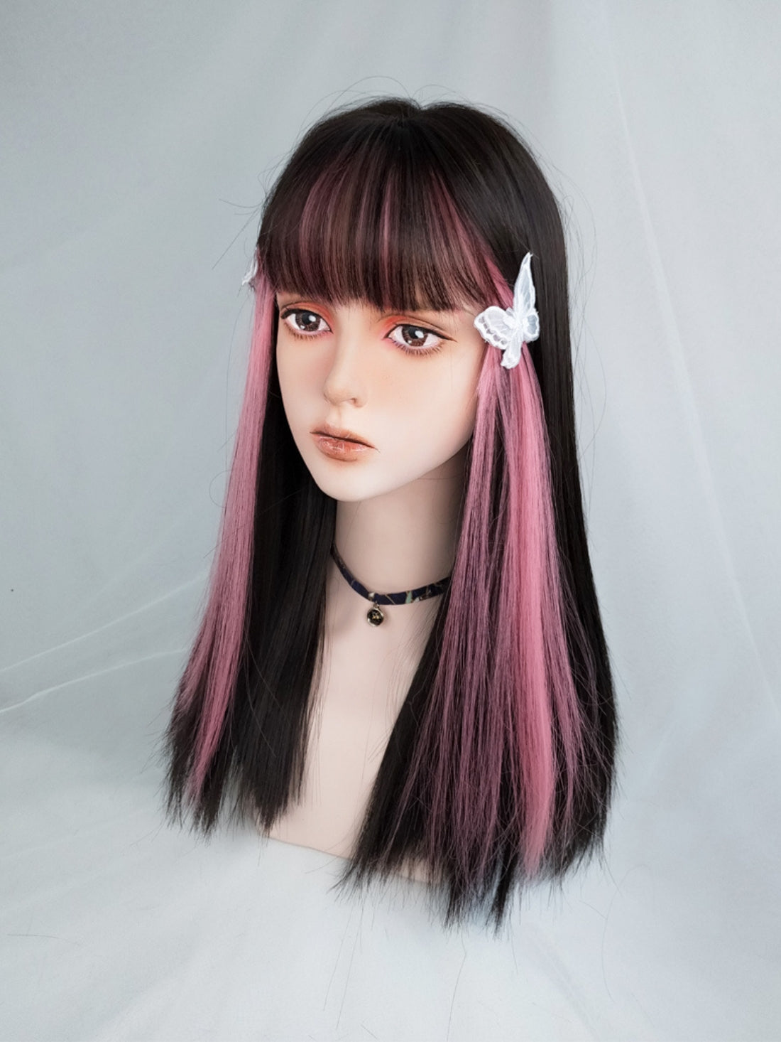BLACK AND PINK MIXED COLOR LONG STRAIGHT SYNTHETIC WIG WITH BANGS