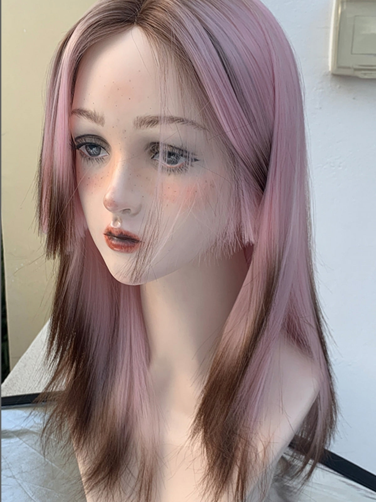 New Style Pink And Brown Mixed Color T-Part Long Straight Synthetic Lace Wig With Hime Cut