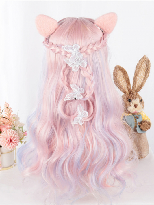 Pink Mixed Color Long Wavy Synthetic Wig With Bangs