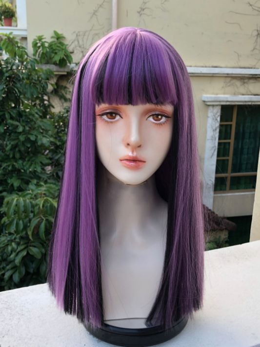 2022 A Style Black And Purple Mixed Color Medium Straight Synthetic Wig With Bangs