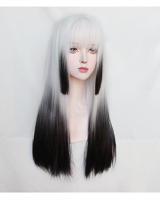 2022 New Style White To Black Ombre Long Straight Synthetic Wig With Bangs