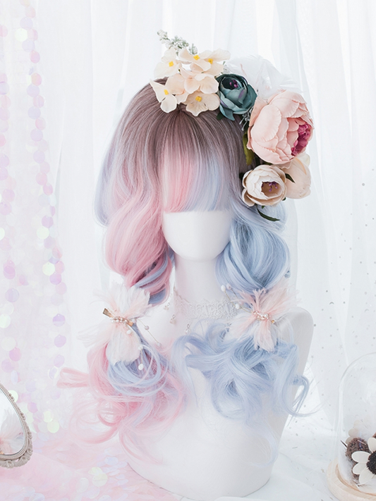 2021 Lolita Half Blue And Half Pink Medium Wavy Synthetic Wig With Bangs