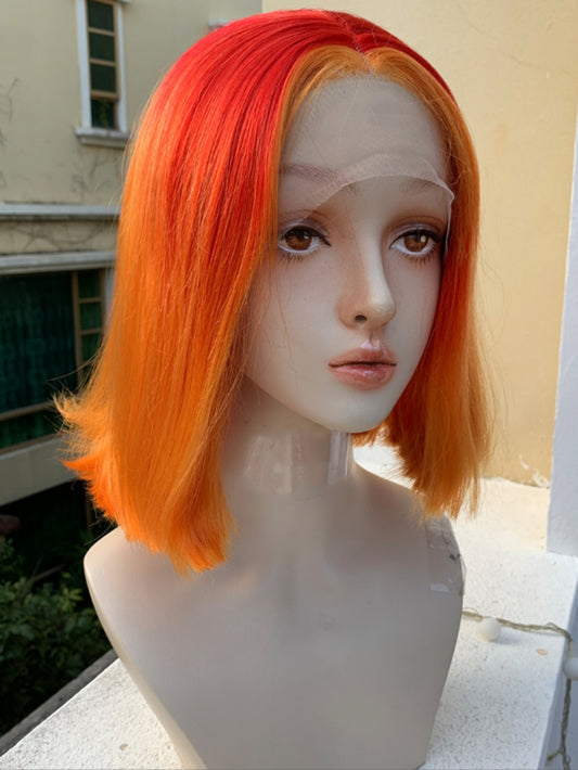 2022 New Style Orange Ombre Medium Straight Synthetic Lace Front Wig