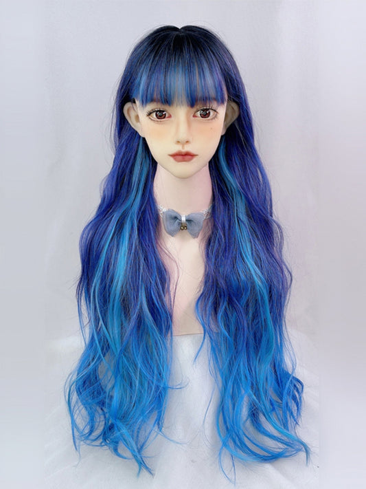 2022 Special Offer Limited Blue and Purple Mixed Color Long Wavy Synthetic Wig with Bangs