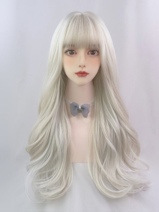 2022 New Style Blonde and White Mixed Color Long Wavy Synthetic Wig with Bangs
