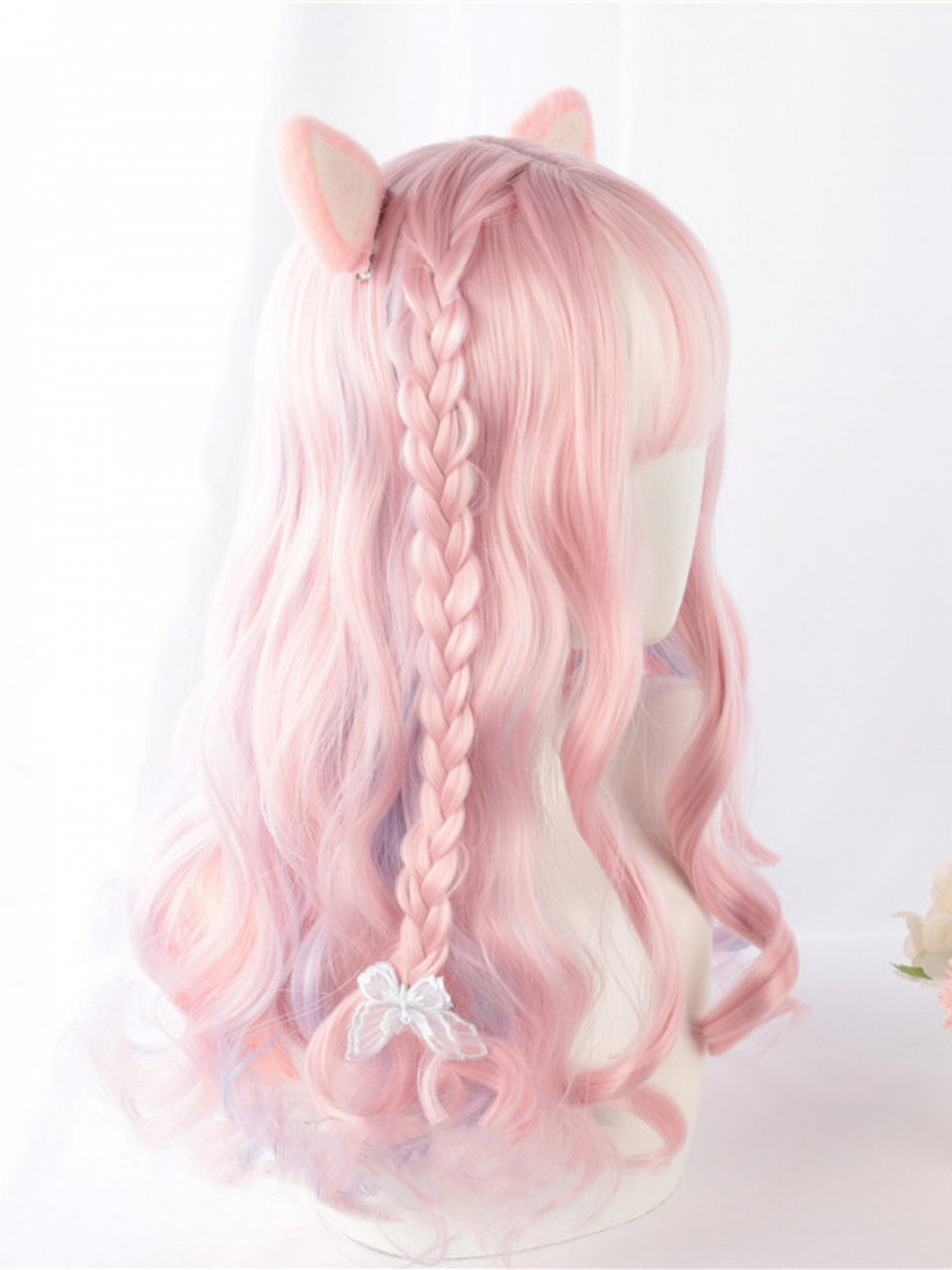 Pink Mixed Color Long Wavy Synthetic Wig With Bangs