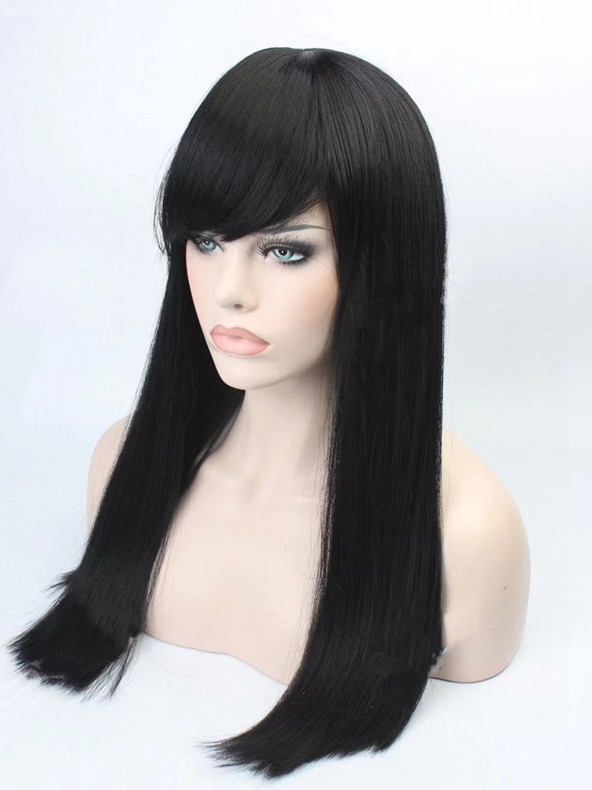 Classic Black Long Straight Sleek Synthetic Wefted Cap Wig With Full Blunt Bangs