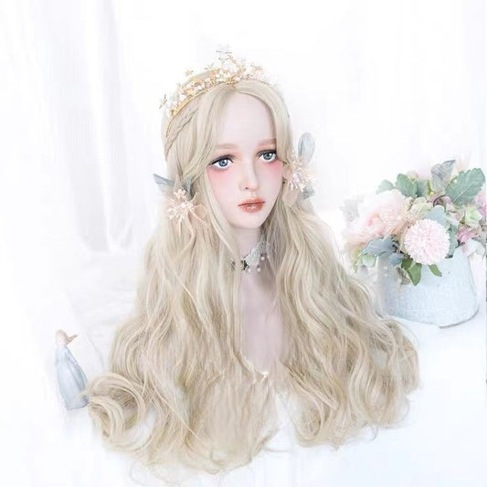 Beige Golden Color Long Wavy Lolita Synthetic Wig