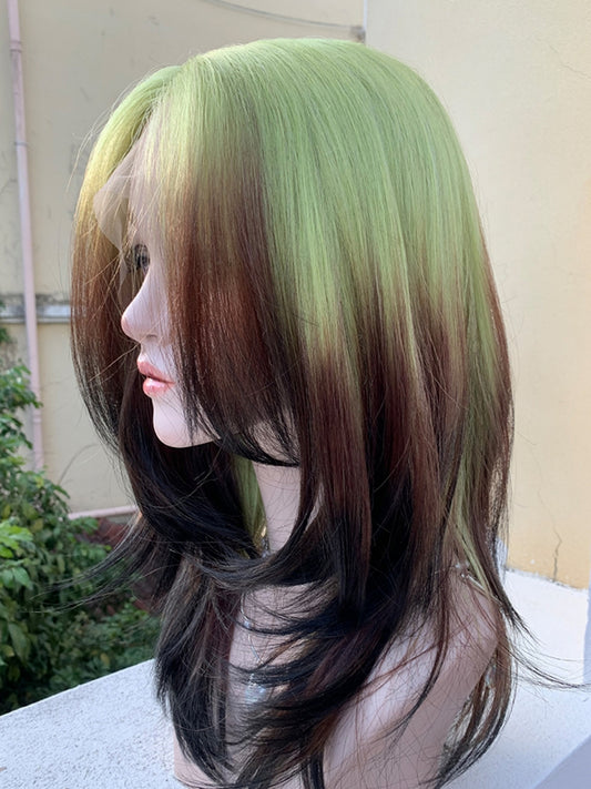 2022 New Style Matcha Green To Brownish Black Ombre Long Straight Synthetic Lace Front Wig