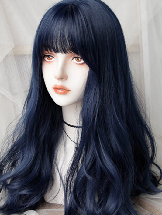 2022 New Style Dark Blue Long Wavy Synthetic Wig with Bangs
