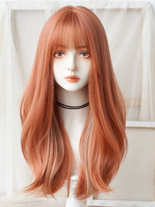 2022 New Style Orange and Golden Mixed Color Long Wavy Synthetic Wig with Bangs