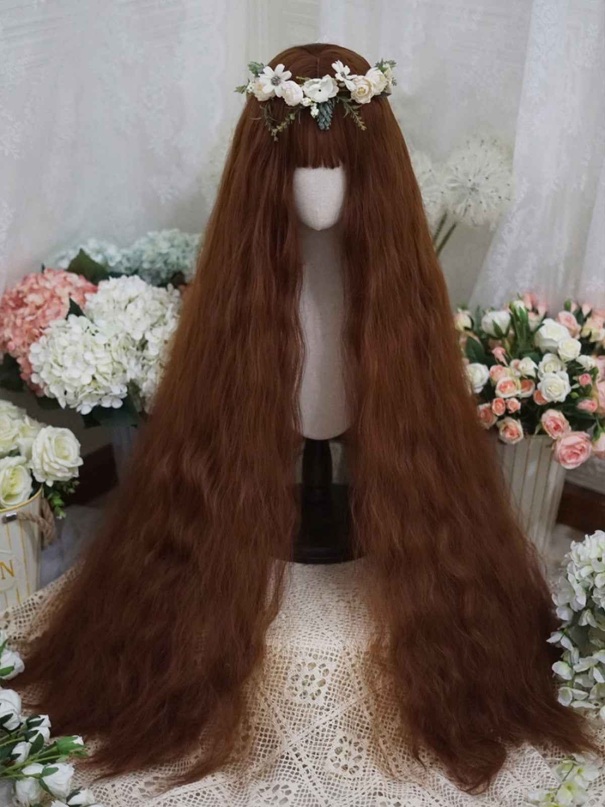 2022 New Style Caramel Brown Super Long Wavy Synthetic Wig with Bangs