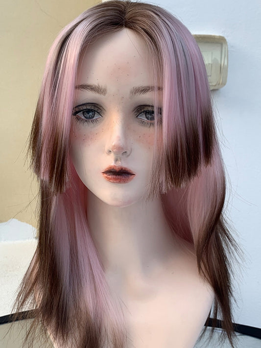New Style Pink And Brown Mixed Color T-Part Long Straight Synthetic Lace Wig With Hime Cut