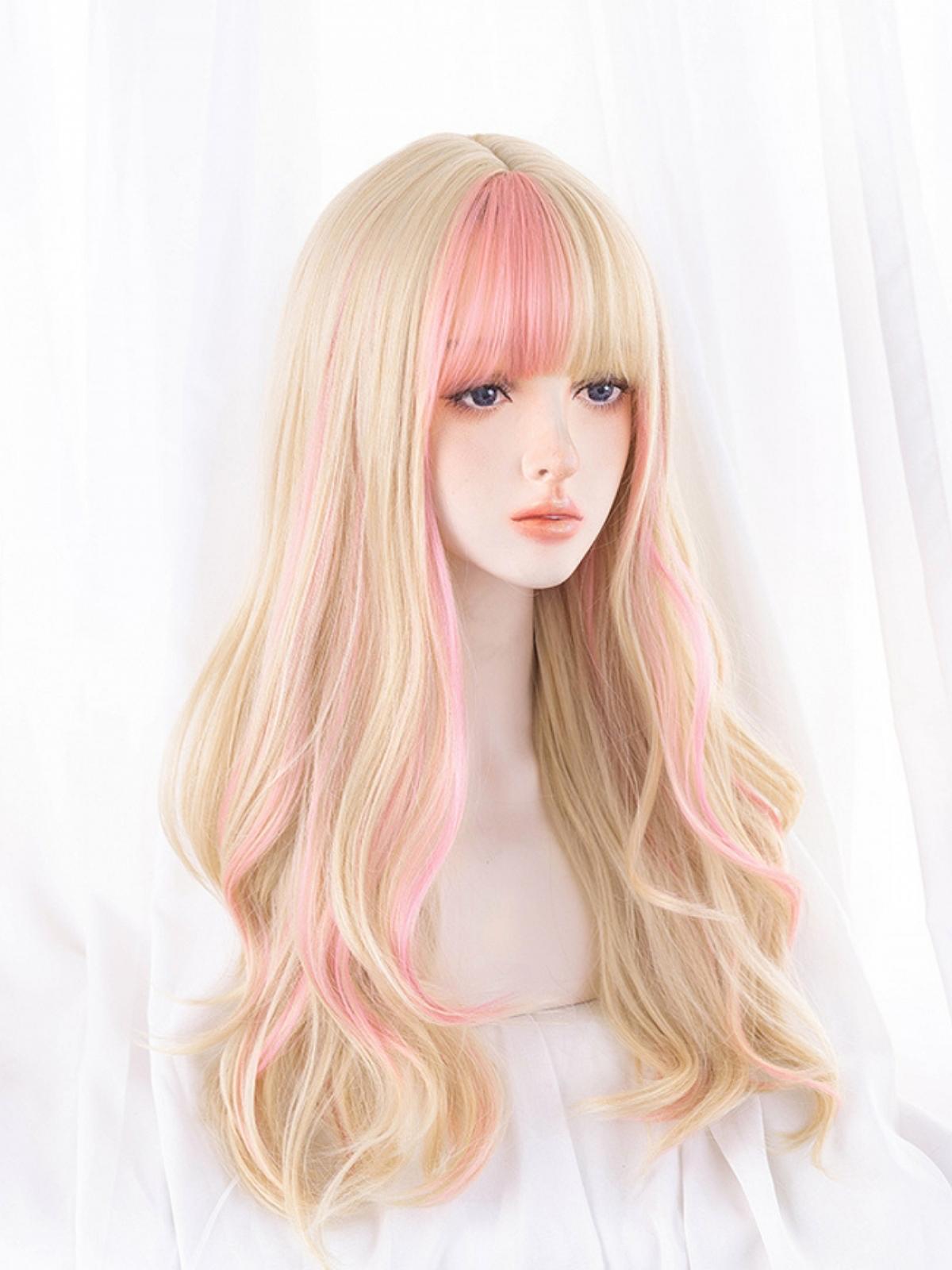 2021 New Style Blonde And Pink Mixed Color Long Wavy Synthetic Wig With Bangs
