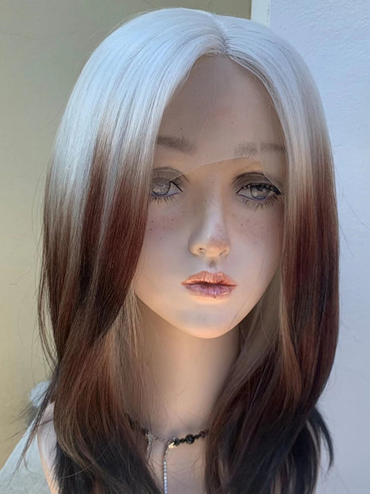 New Style Silver To Brown Ombré Medium Straight Lace Front Wig