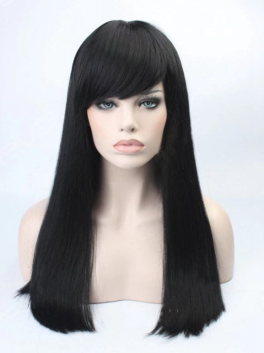 Classic Black Long Straight Sleek Synthetic Wefted Cap Wig With Full Blunt Bangs