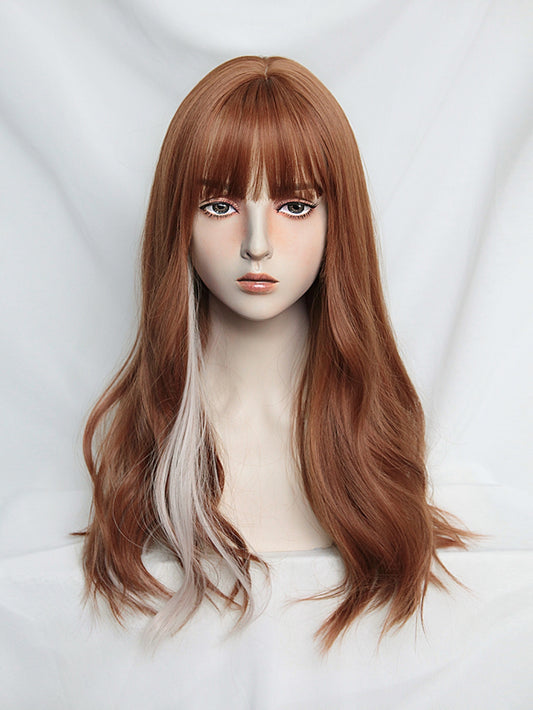 2022 New Style Tangerine Brown and Side Grey Long Wavy Synthetic Wig with Bangs