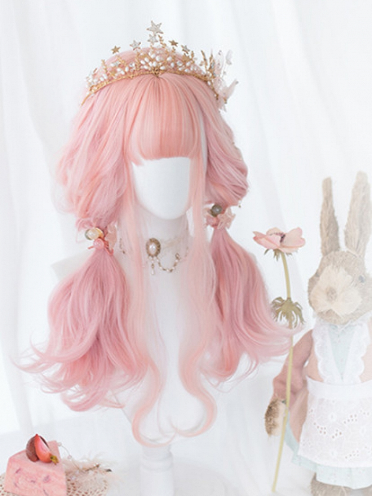 2021 New Style Cherry Blossom Pink Long Wavy Synthetic Wig With Bangs