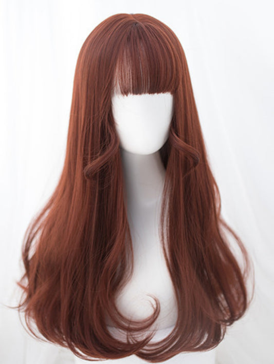 New Style Ginger Brown Long Synthetic Wig with Bangs