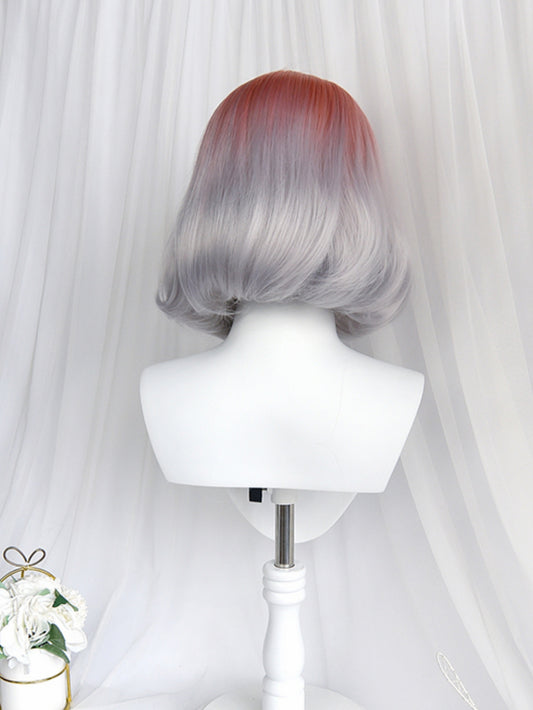 2021 NEW STYLE PINK TO GREY OMBRE MEDIUM SYNTHETIC WIG WITH BANGS